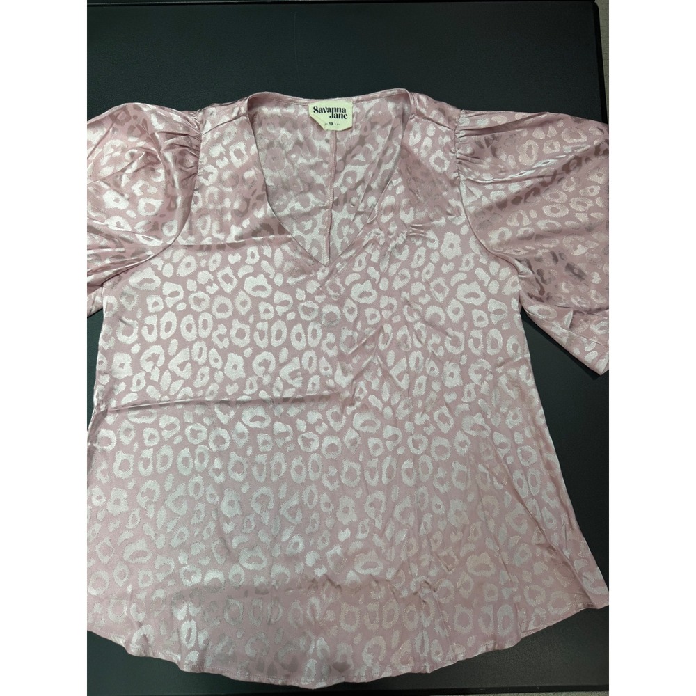 Savanna Jane Pink Satin Leopard Print V-Neck Puff Sleeve Blouse 1X P18950-L